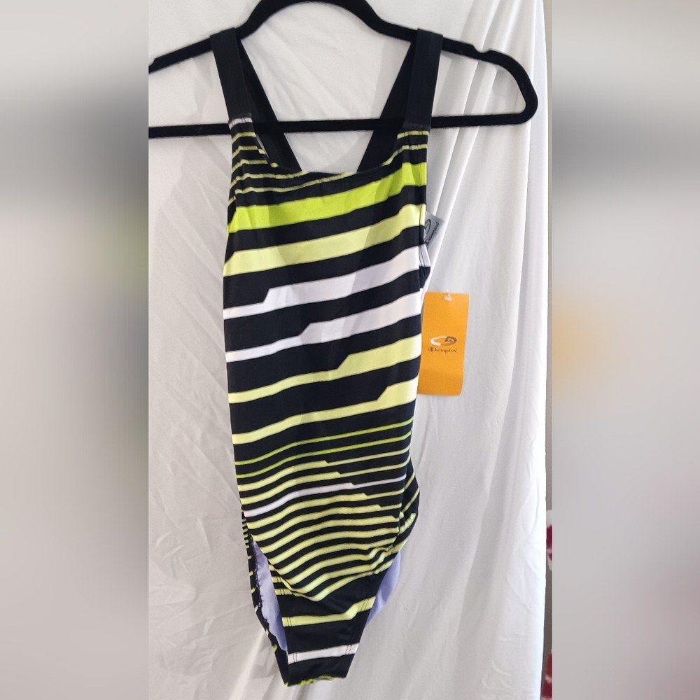 Champion Women's Striped One Piece Swimsuit - Black, White, Yellow